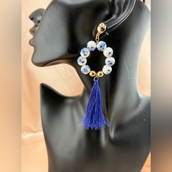Handcrafted Porcelain Bead & Tassel Statement Earrings Antropologie - Picture 3 of 8